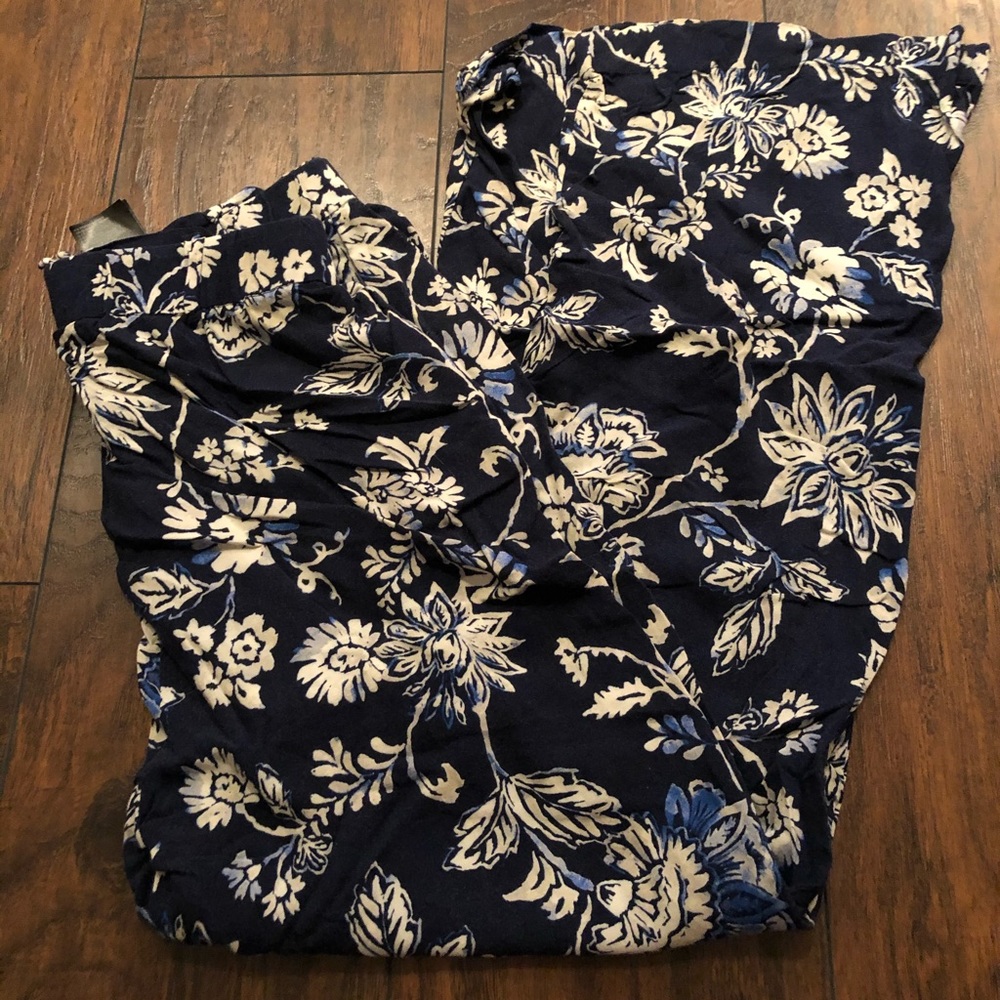 Blue Floral Wide Leg Linen Pants